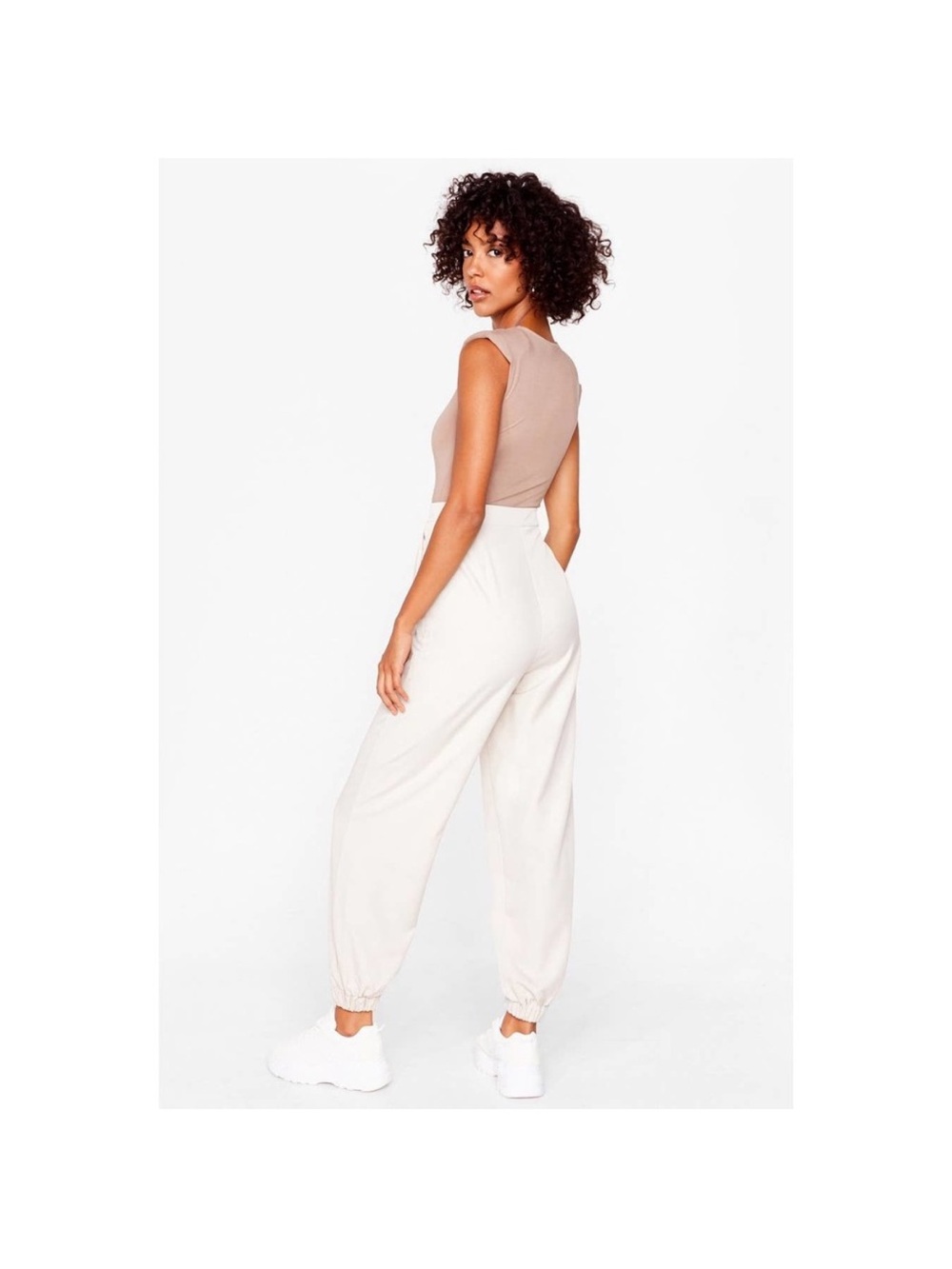 Nasty Gal Tailored High-Waisted Jogger Pants in Stone - Picture 3 of 5